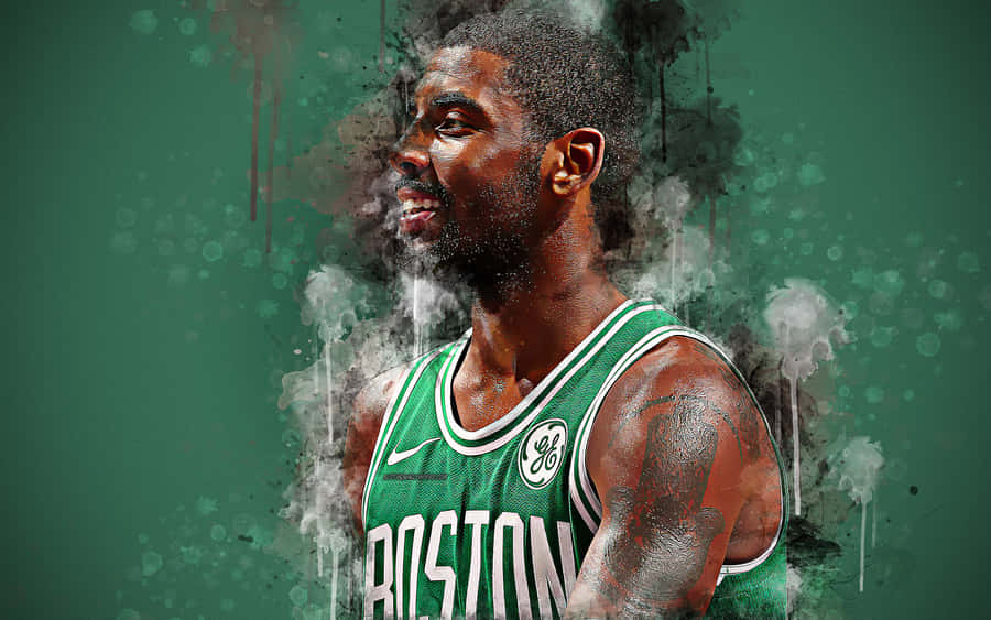Kyrie Irving 展現他酷炫的一面 壁紙 — 波士頓塞爾特人隊球衣的籃球運動員凱里·歐文的動態數碼肖像，背景為帶有紋理的綠色及潑濺效果。