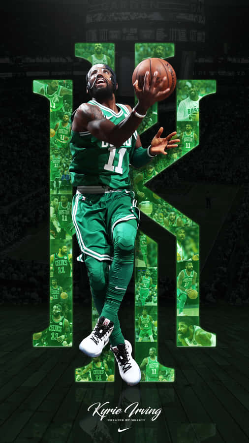 Kyrie Irving 展現他的時尚風格 壁紙 — 凱里·厄文身穿綠色塞爾提克球衣，動態跳躍持球，被一個巨大的發光綠色 'K' 框住，裡面充滿了他的動作照片。