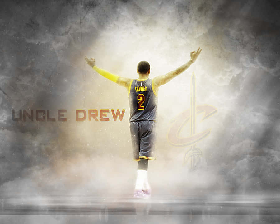 Kyrie Irving 展現時尚造型 壁紙 — 一名身穿克里夫蘭騎士隊球衣的籃球運動員，在戲劇性的多雲背景和發光的光線中，高舉雙臂慶祝勝利。