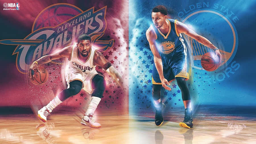 Kyrie Irving 展現時尚品味 壁紙 — 兩位籃球運動員以動作姿勢分割圖像，一位身穿紅色克里夫蘭騎士隊裝備，另一位身穿藍色金州勇士隊裝備，背景為充滿活力的球隊主題背景。