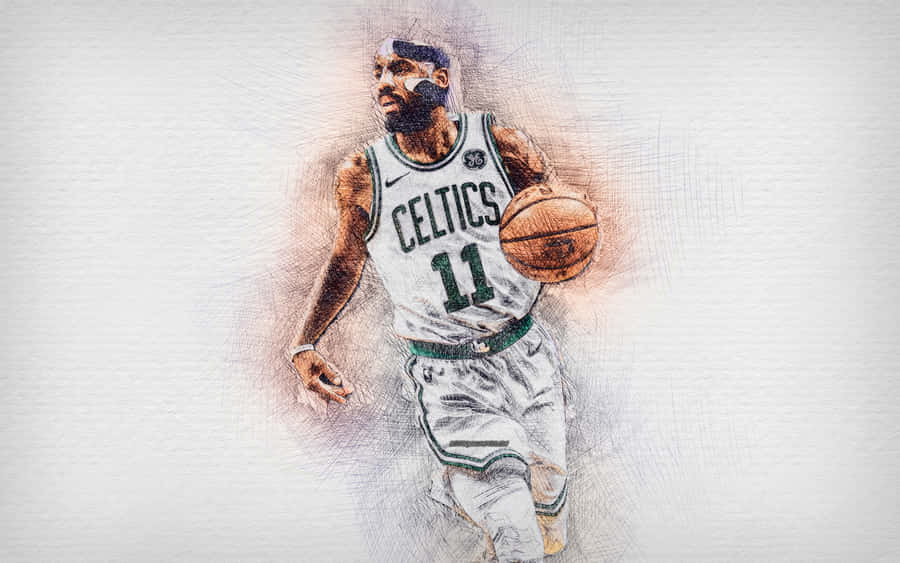 Kyrie Irving 展現極致酷感 壁紙 — 一幅動態素描風格插圖，描繪波士頓塞爾特人籃球運動員在紋理白色背景上專注運球。