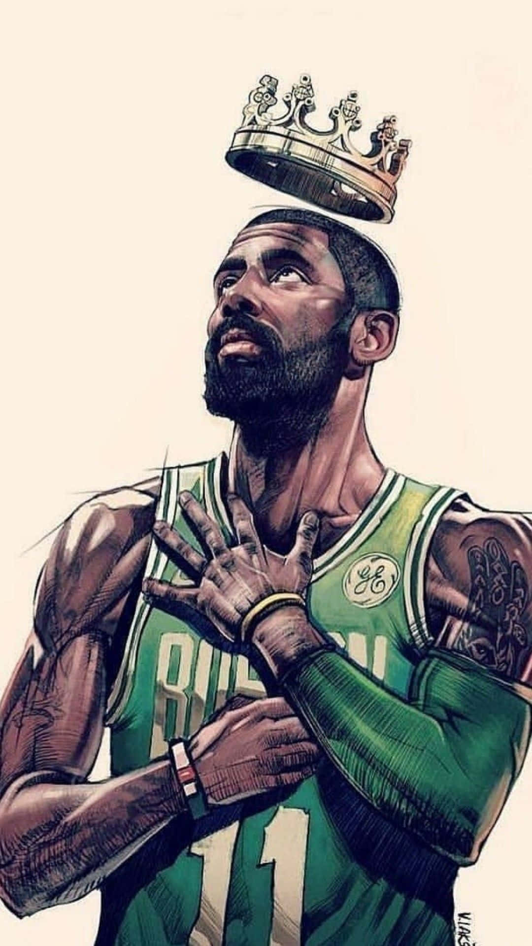 Kyrie Irving 展現自信姿態 壁紙 — 一位身穿綠色球衣的籃球運動員，頭上戴著一頂傾斜的王冠，雙手交疊在心上，向上凝視。