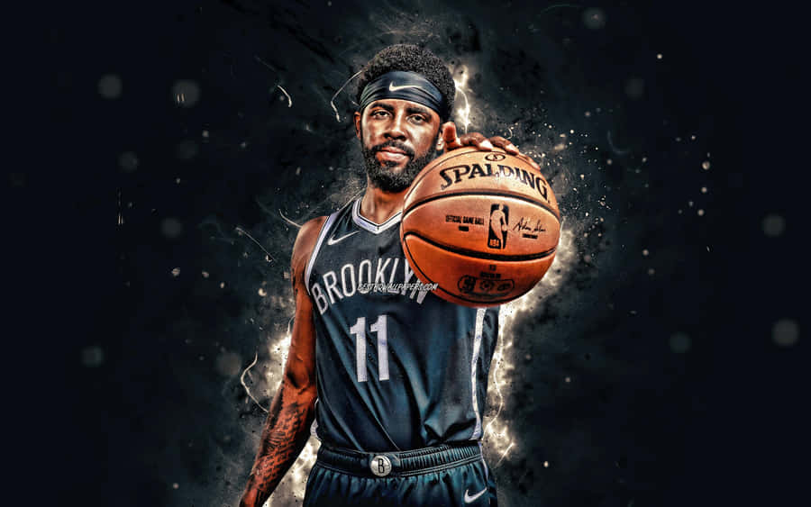Kyrie Irving 展現酷炫風采 壁紙 — 一位身穿布魯克林球衣的籃球運動員，在黑暗戲劇性的背景下，手持斯伯丁籃球，伴隨著發光的粒子效果。