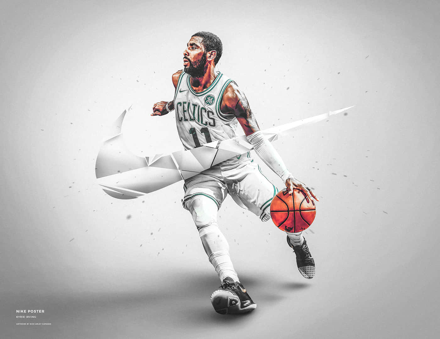 Kyrie Irving 放鬆時刻 壁紙 — Kyrie Irving 身穿塞爾特人球衣，以動態動作運球，背後有Nike標誌爆裂效果。