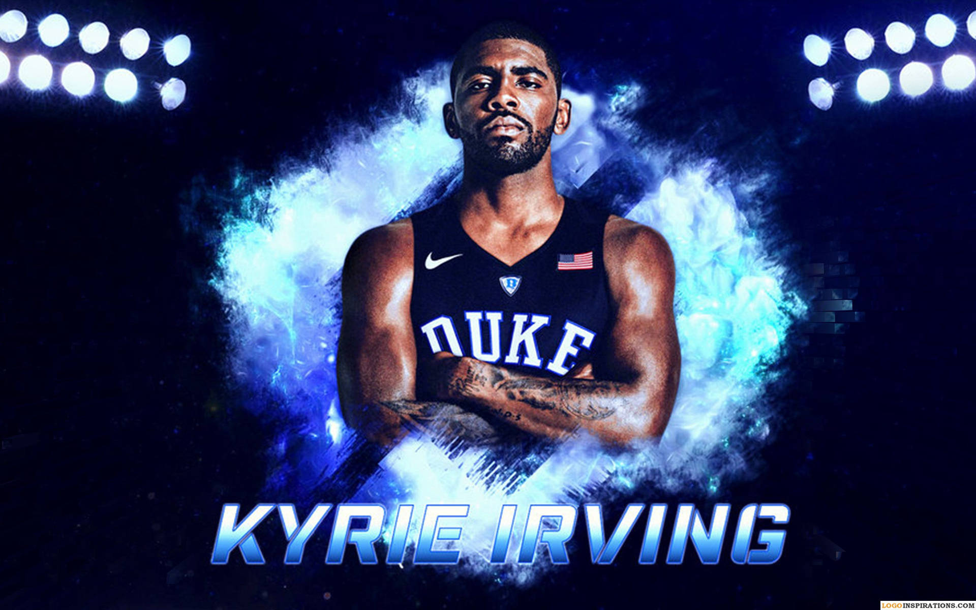 籃球運動員 Kyrie Irving 身穿杜克球衣，被藍色能量效果包圍。
