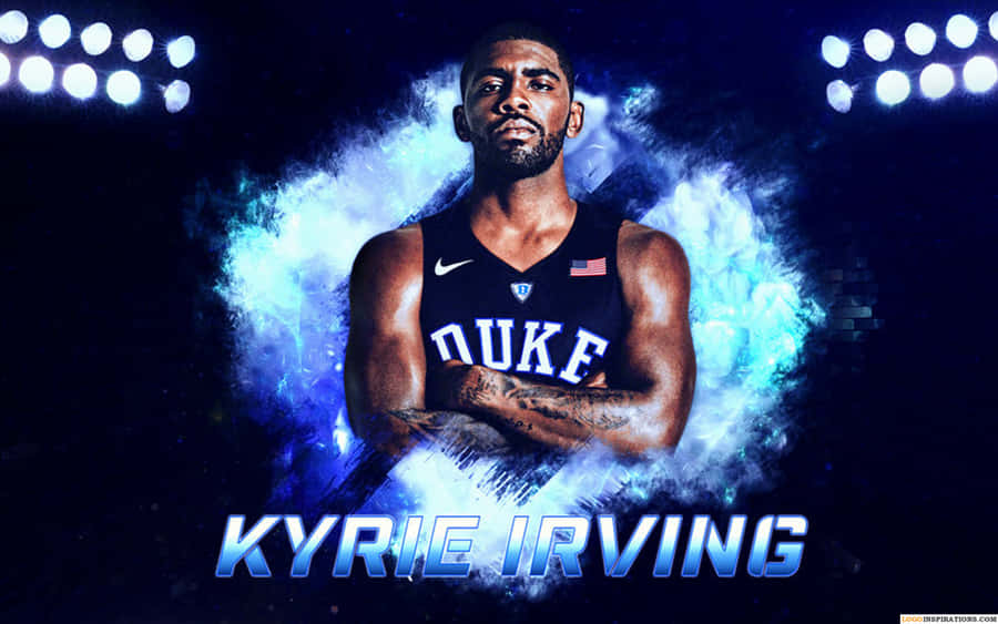 Kyrie Irving 活出最棒的自己 壁紙 — 凱里·厄文身穿杜克大學球衣，在體育館燈光下自信地交叉雙臂，背景是發光的藍色能量光環。