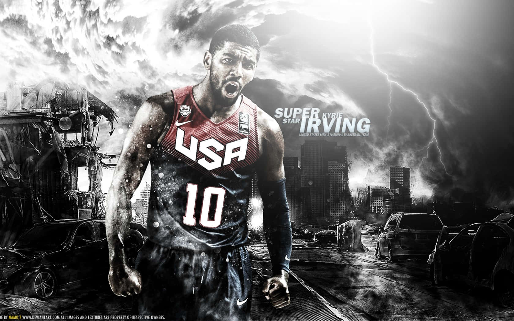 Kyrie Irving 無敵光芒 壁紙 — 一名身穿美國球衣的籃球運動員在雷電交加、汽車殘骸遍地的暴風雨城市廢墟中挑釁地站立。