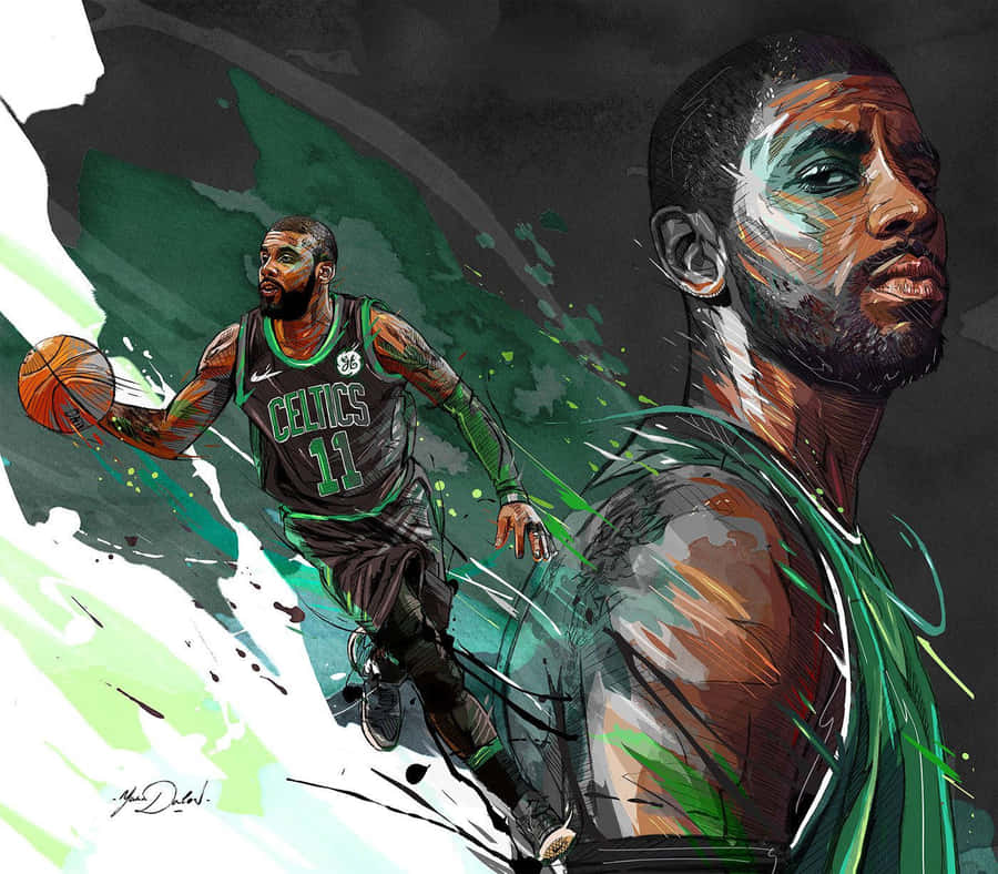 Kyrie Irving 無限光芒 壁紙 — 凱里·厄文身穿塞爾特人球衣運球，搭配充滿活力的綠色和白色油漆潑濺的動態數位插圖。