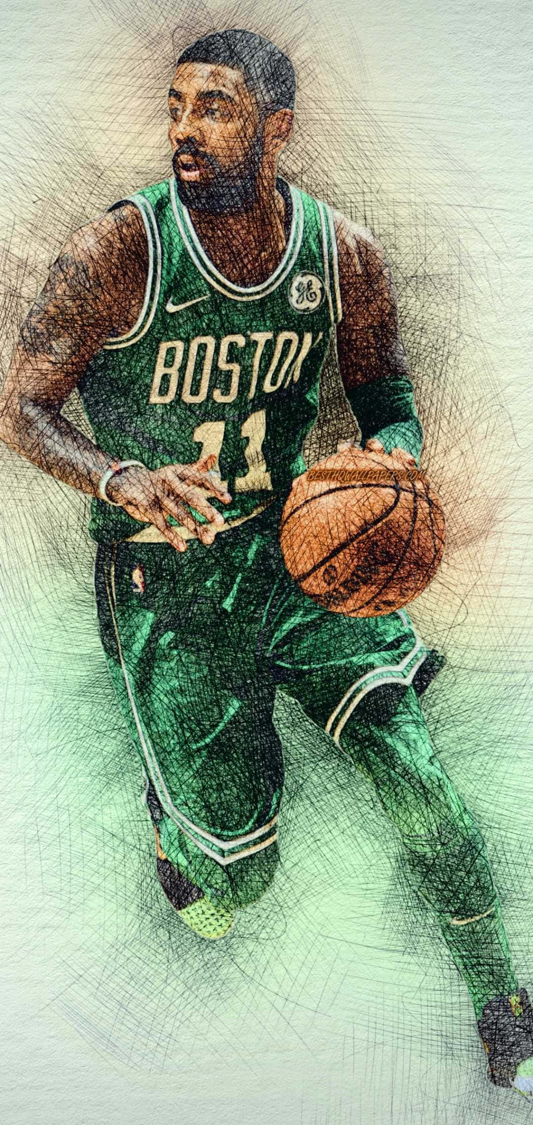 Kyrie Irving 獨樹一幟 壁紙 — 一名身穿綠色波士頓球衣的籃球運動員，在帶有素描紋理的背景前專注地運球。