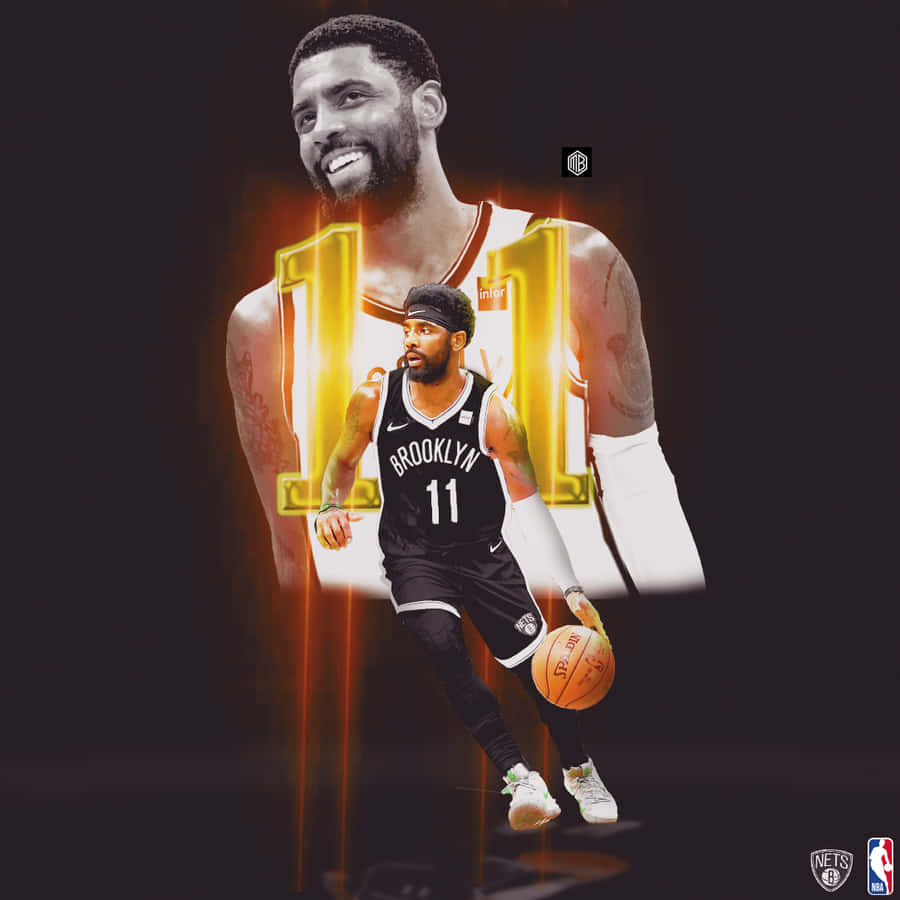Kyrie Irving — 球場最酷的他 壁紙 — 一名身穿布魯克林籃網球衣的籃球運動員在黑暗背景下運球，身後有一個發光的金色11號。