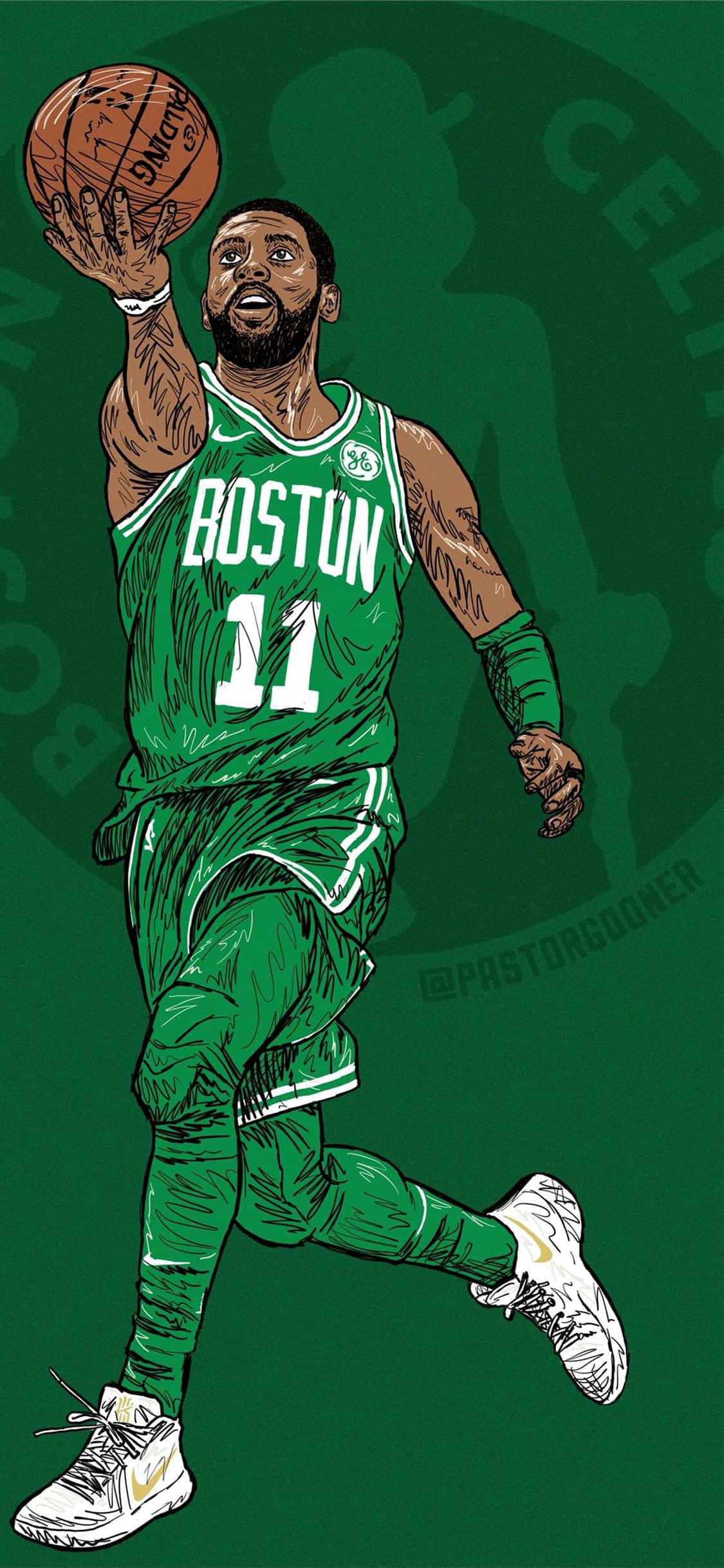 Kyrie Irving 生活瀟灑有型 壁紙 — 插圖中的籃球運動員身穿綠色波士頓塞爾特人球衣，跳起投籃，背景為純綠色。