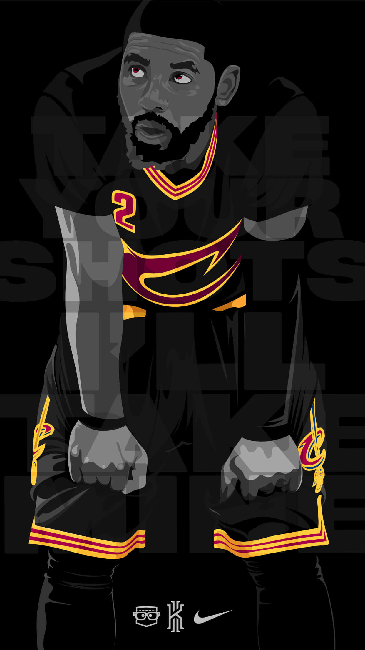 Kyrie Irving 的冷靜自信 壁紙 — 一個風格化的數碼插圖，描繪一名身穿黑色球衣、帶有紅黃色點綴和背號二的籃球運動員，站在深色背景前。