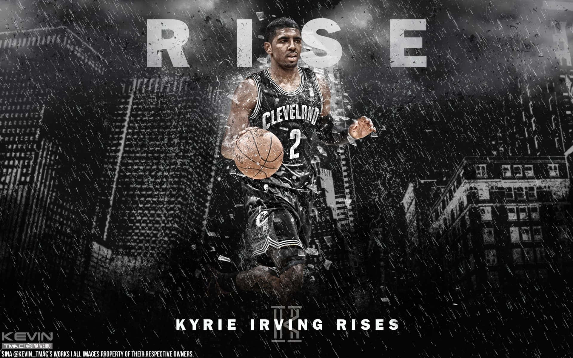 Kyrie Irving 看起來超酷 壁紙 — Kyrie Irving 身穿克里夫蘭騎士隊球衣，在暴雨中運球，背景是粗糙的城市天際線，RISE 字樣主導整個場景。