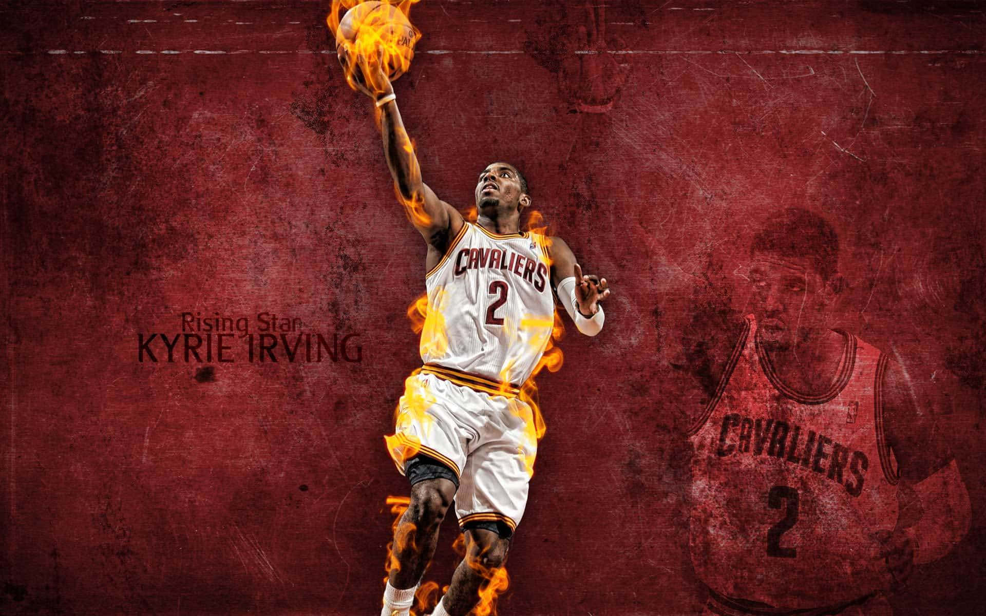 Kyrie Irving 穿著街頭風潮，氣質非凡 壁紙 — 凱里·厄文穿著白色騎士隊球衣，手持燃燒的籃球，在紋理紅色背景上跳躍。