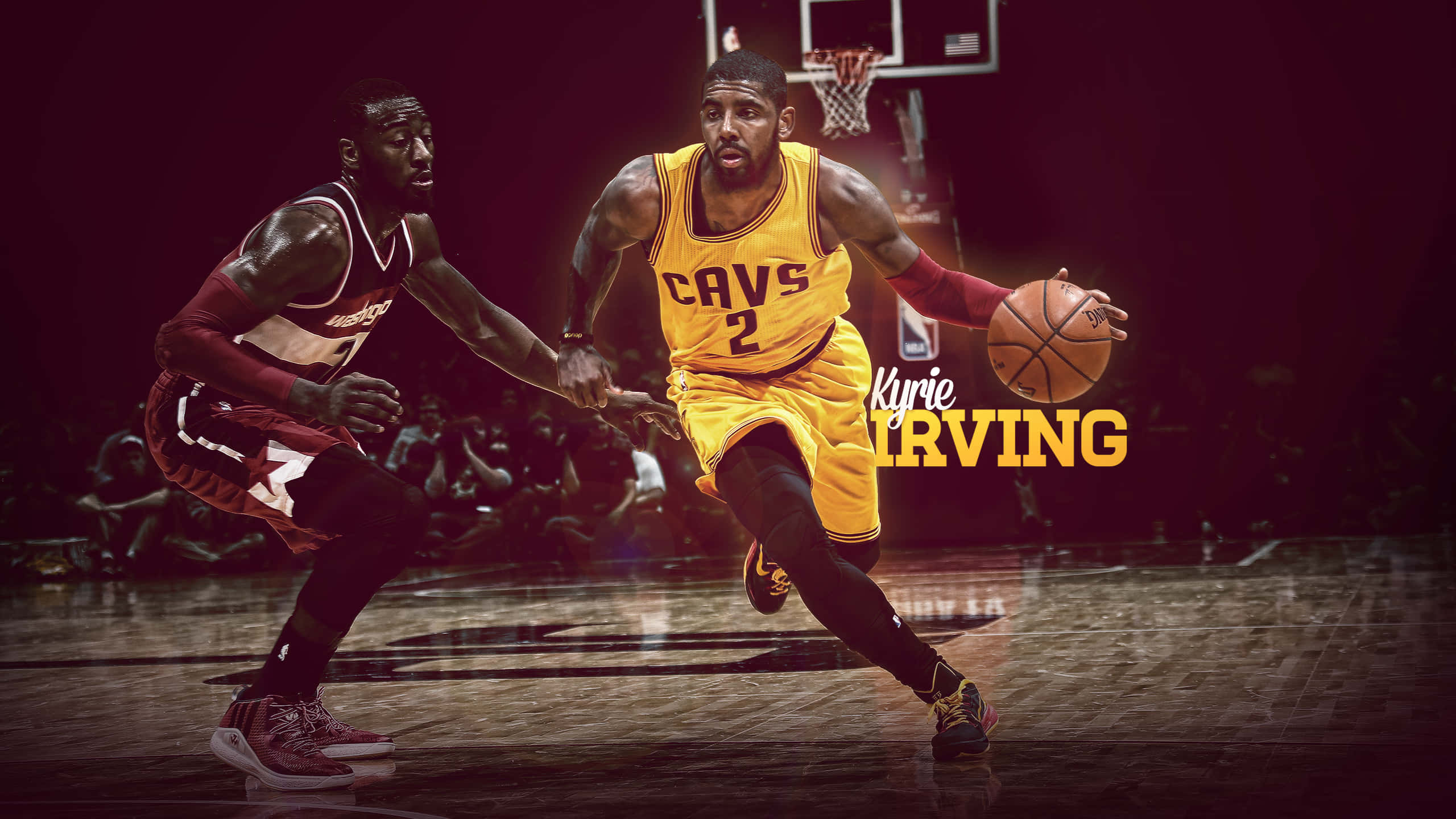 Kyrie Irving 訓練後於海灘冷卻休息 壁紙 — 凱里·歐文身穿黃色騎士隊球衣，在球場燈光下激烈的籃球比賽中運球越過防守球員。