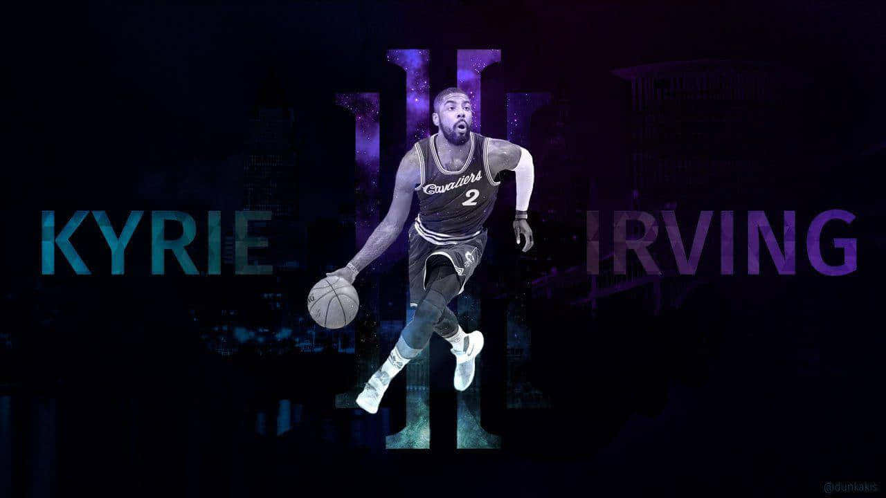 Kyrie Irving 靜心專注，迎接挑戰 壁紙 — Kyrie Irving 身穿克里夫蘭騎士隊球衣，在黑暗的城市景觀中運球，背景有發光的紫色和藍色文字。