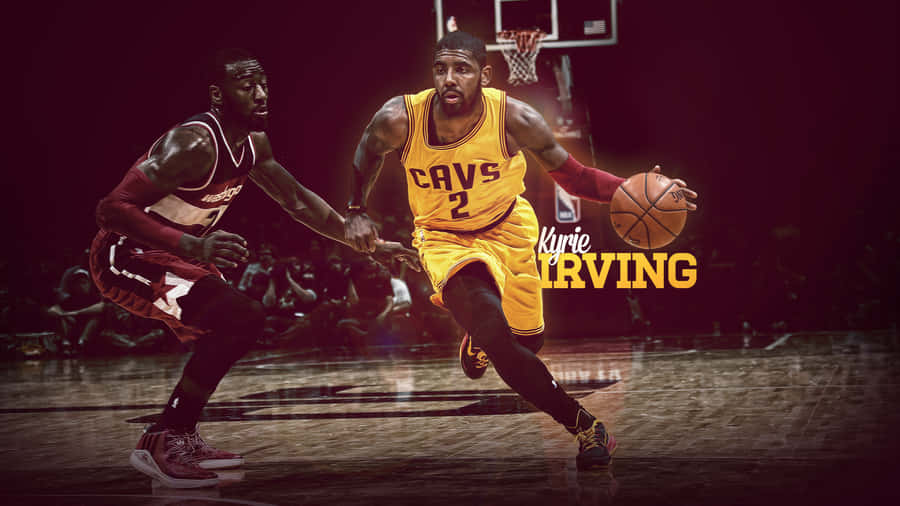 Kyrie Irving 風度翩翩，冷靜自信 壁紙 — 凱里·厄文穿著黃色騎士隊球衣，在場館燈光下激烈的籃球比賽中運球越過防守球員。
