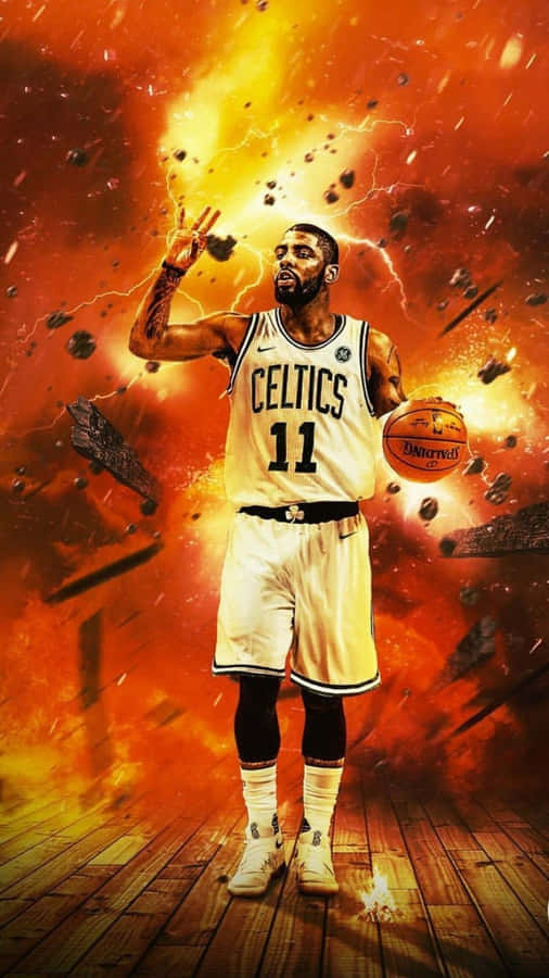 Kyrie Irving 風度翩翩完成後撤跳投 壁紙 — 一名身穿塞爾特人球衣的籃球運動員站在木地板上，在猛烈爆炸和閃電中做出和平手勢。