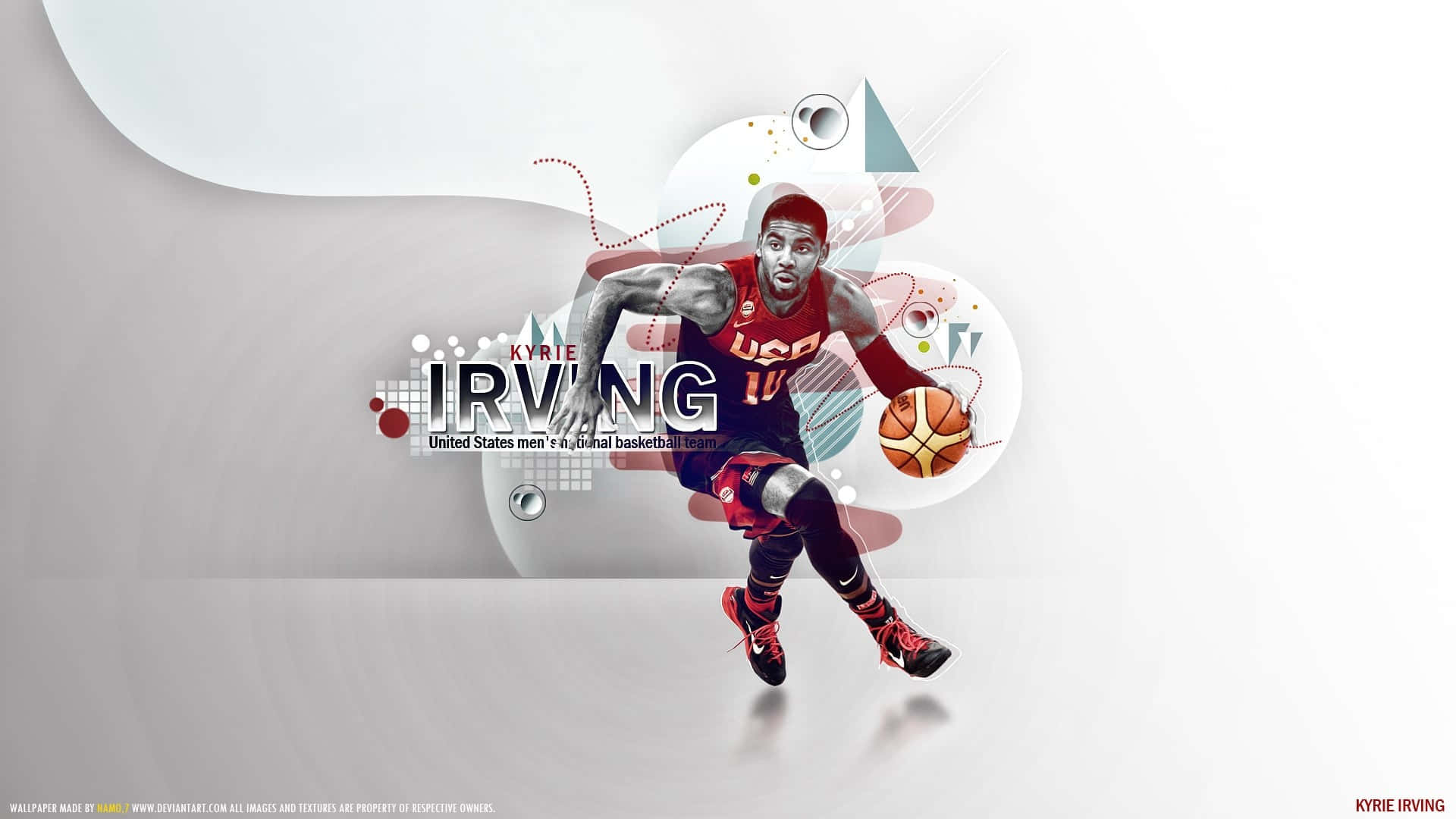Kyrie Irving 風采四溢 壁紙 — 凱里·厄文穿著紅色美國球衣，在帶有幾何形狀的風格化抽象白色背景上運球。