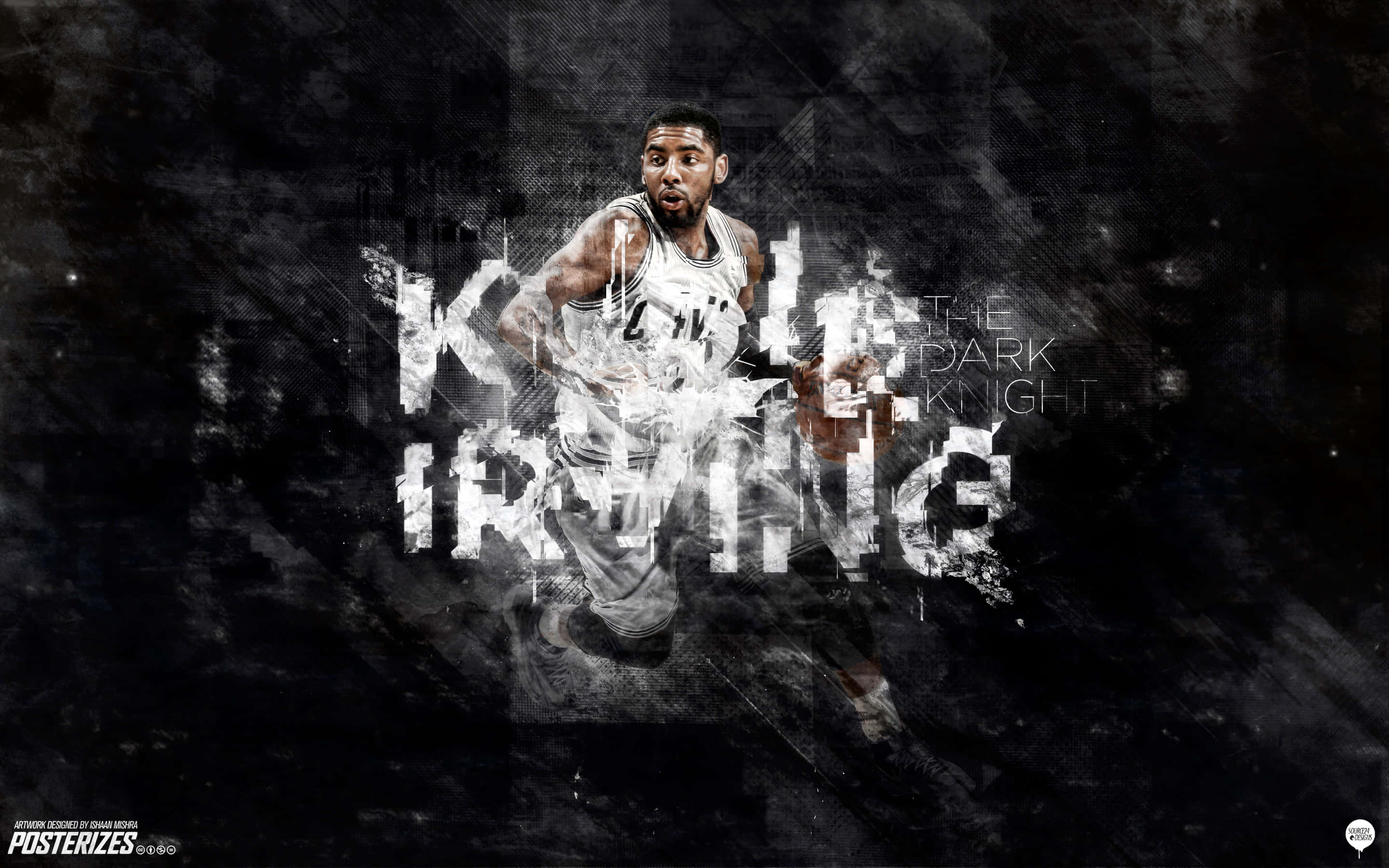 Kyrie Irving展現冷靜自信 壁紙 — 一名正在移動的籃球運動員，在黑暗粗糙的背景上帶有粗體碎片化文字疊加效果。