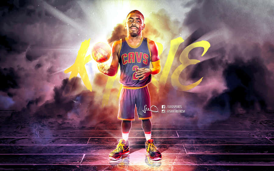 Kyrie Irving球場上冷靜運球 壁紙 — 一位身穿騎士隊球衣的籃球運動員自信地站立，手持籃球，背景是戲劇性的暴風雨天空，身後有發光的黃色文字。