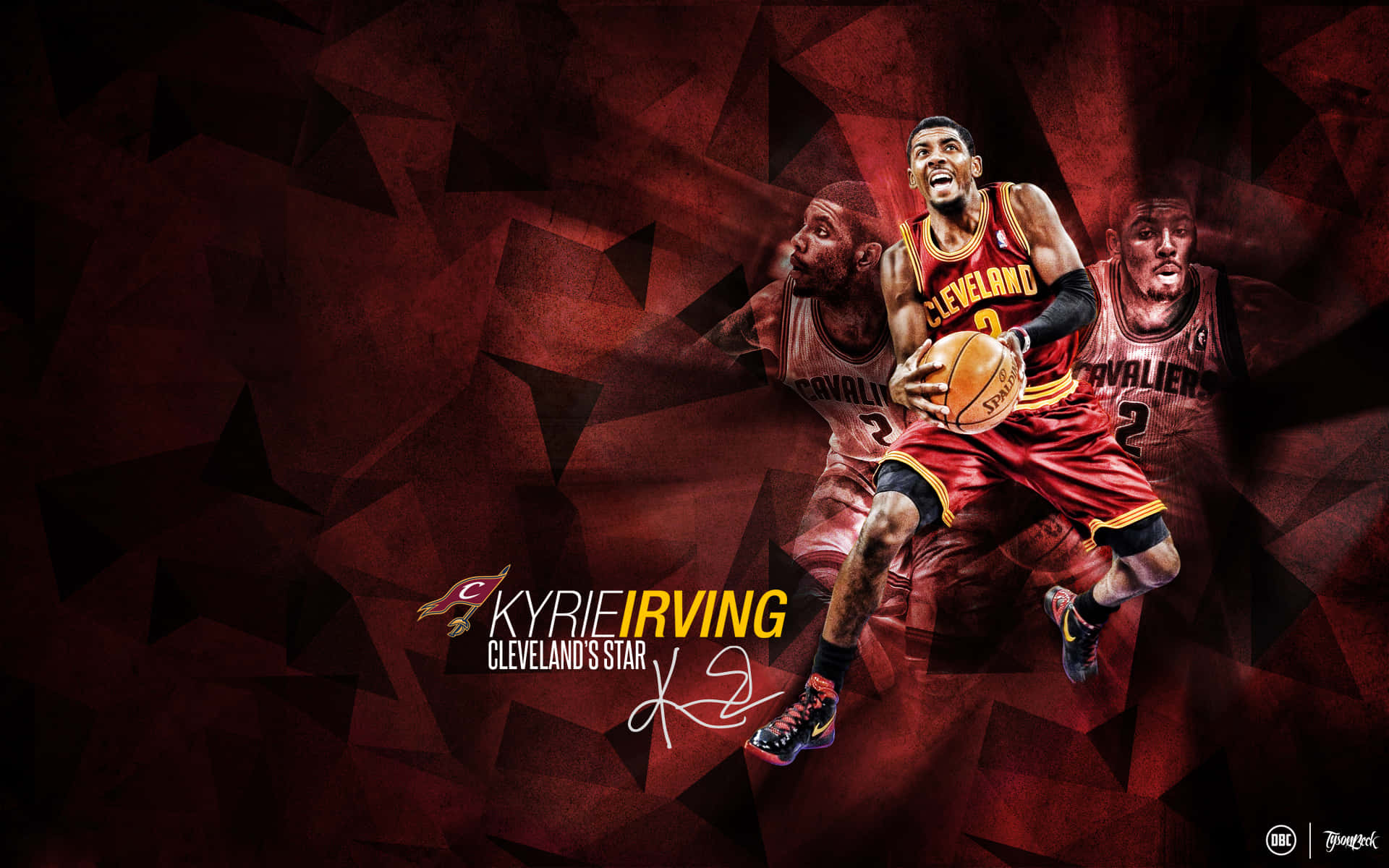 Kyrie Irving球場上與場外皆展現酷感 壁紙 — Kyrie Irving 身穿紅色克里夫蘭騎士隊球衣，在深紅色幾何背景前運球，下方有他的名字和簽名。
