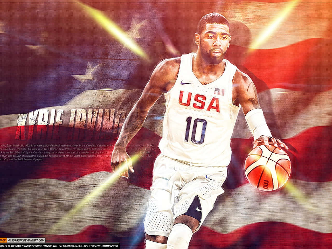 Kyrie Irving賽場上展現時尚自信 壁紙 — Kyrie Irving 身穿美國隊球衣，在動感的美國國旗背景下運球，伴隨著發光的光線條紋。