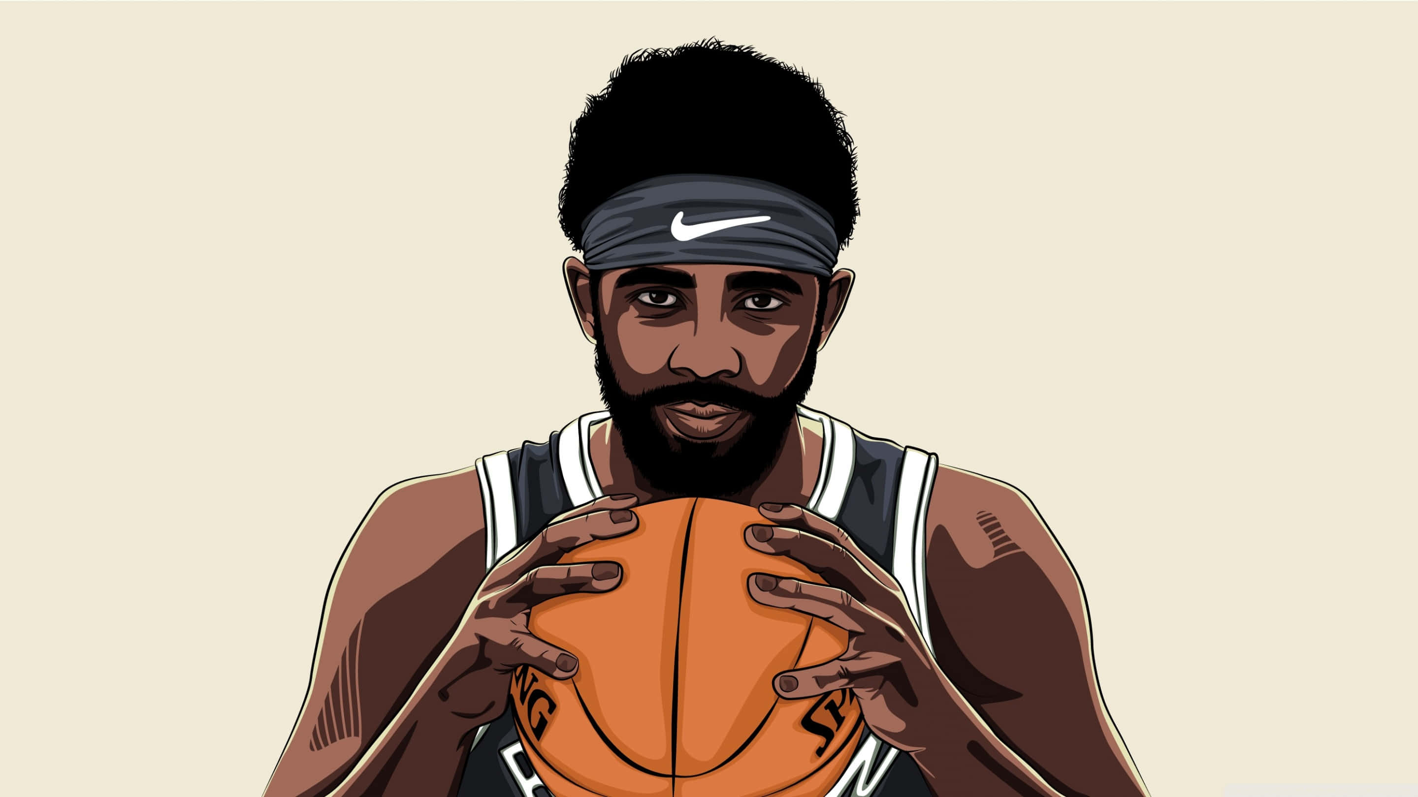 Kyrie Irving開拓籃球新境界 壁紙 — 一個風格化的插圖，描繪一位留鬍子的籃球運動員，在純米色背景上專注地拿著球。