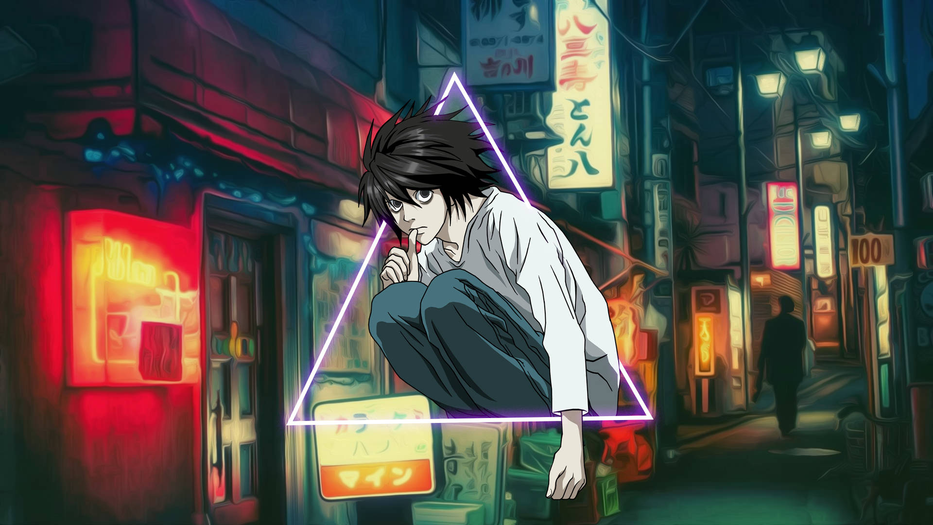 動漫男孩在霓虹燈小巷中被發光三角形框住