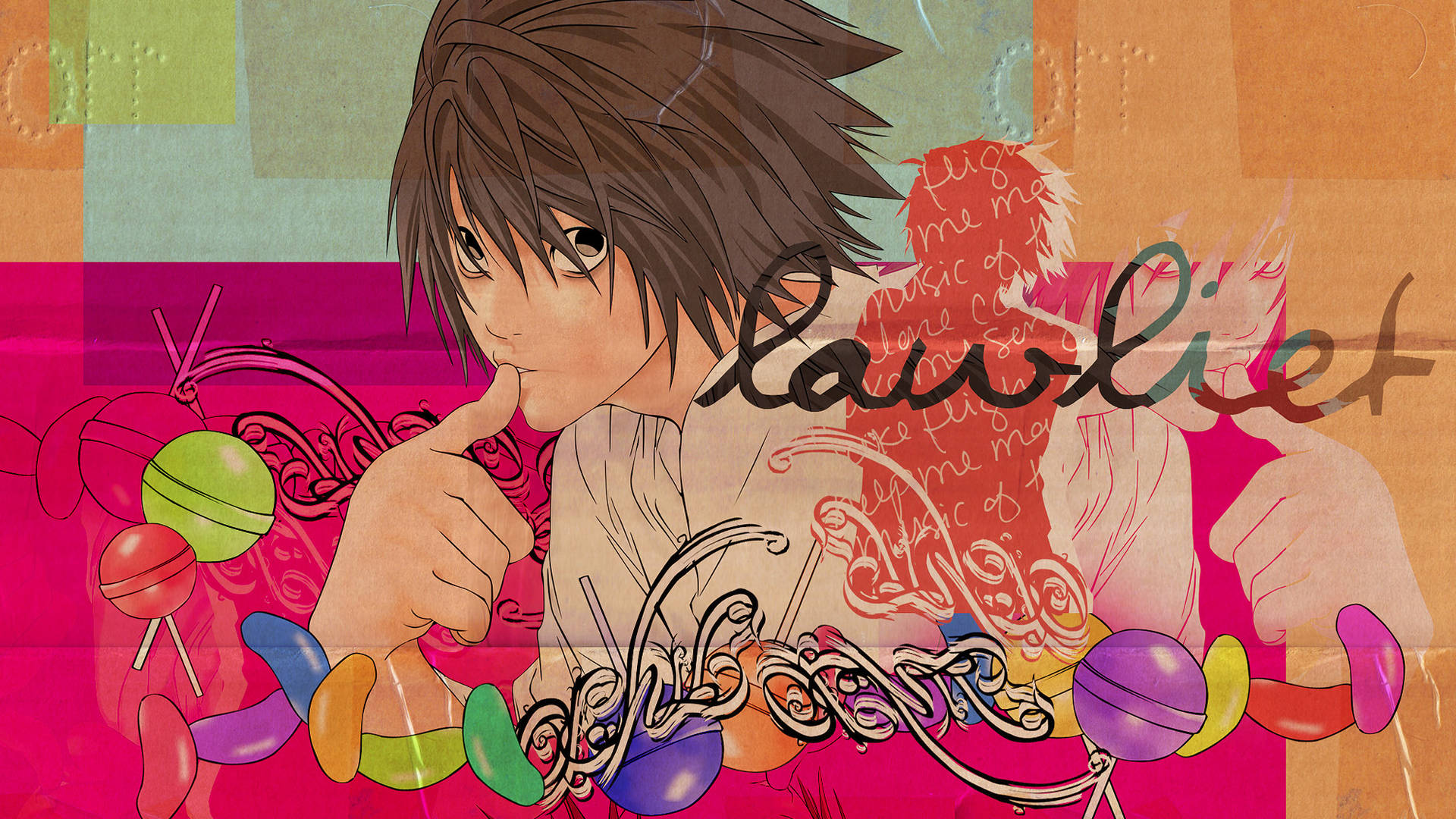 動漫角色 L Lawliet 將手指放在嘴唇上，周圍有糖果和漩渦。
