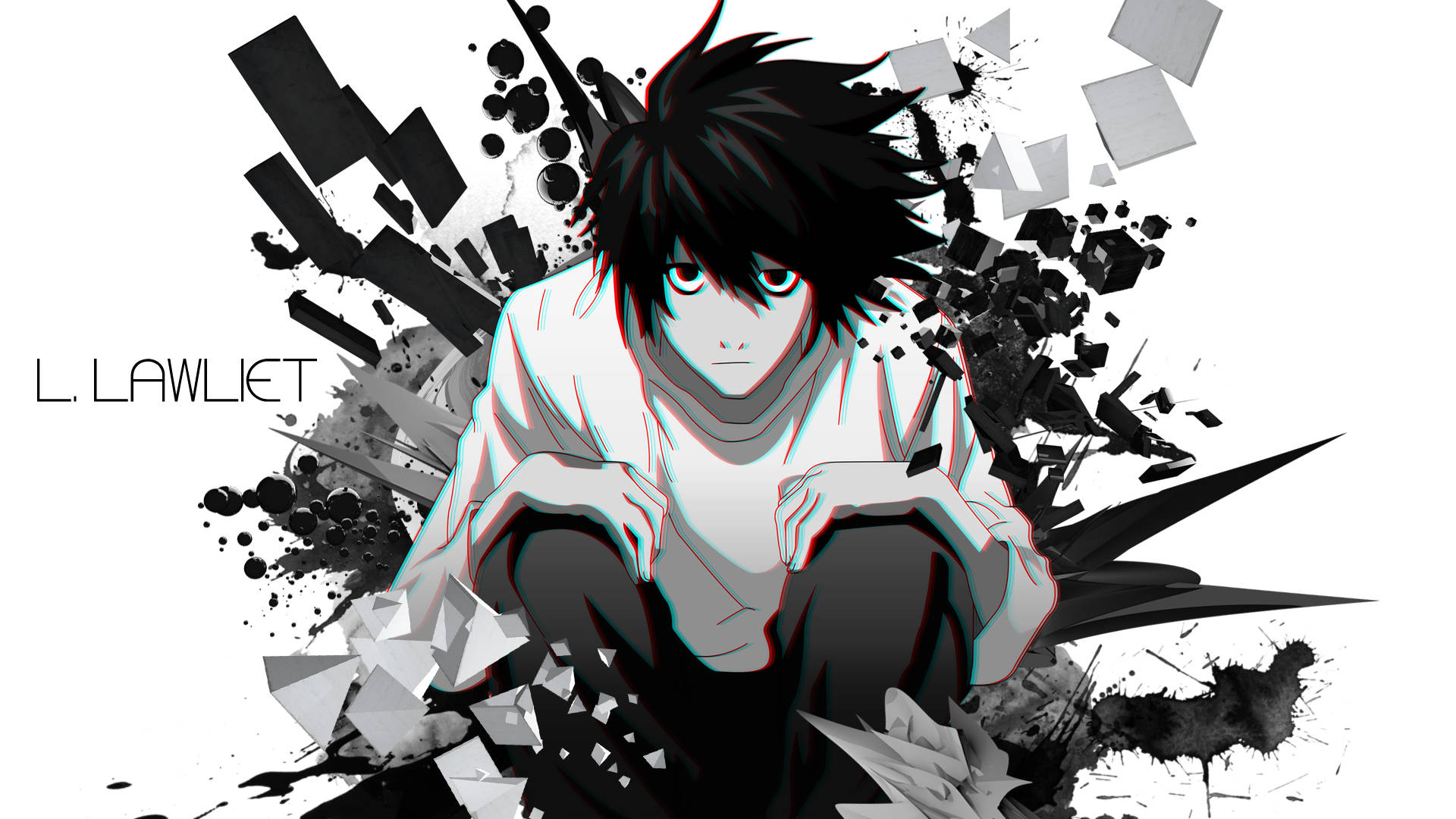 動漫角色 L Lawliet 被黑白破碎碎片包圍，帶有 3D 立體效果。
