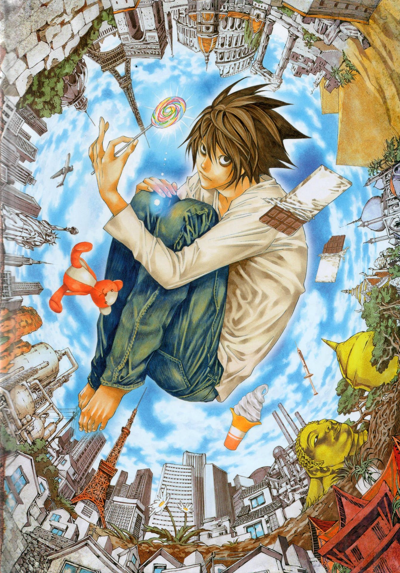動漫男孩漂浮著，手持棒棒糖和玩具，被漂浮的全球地標環繞。