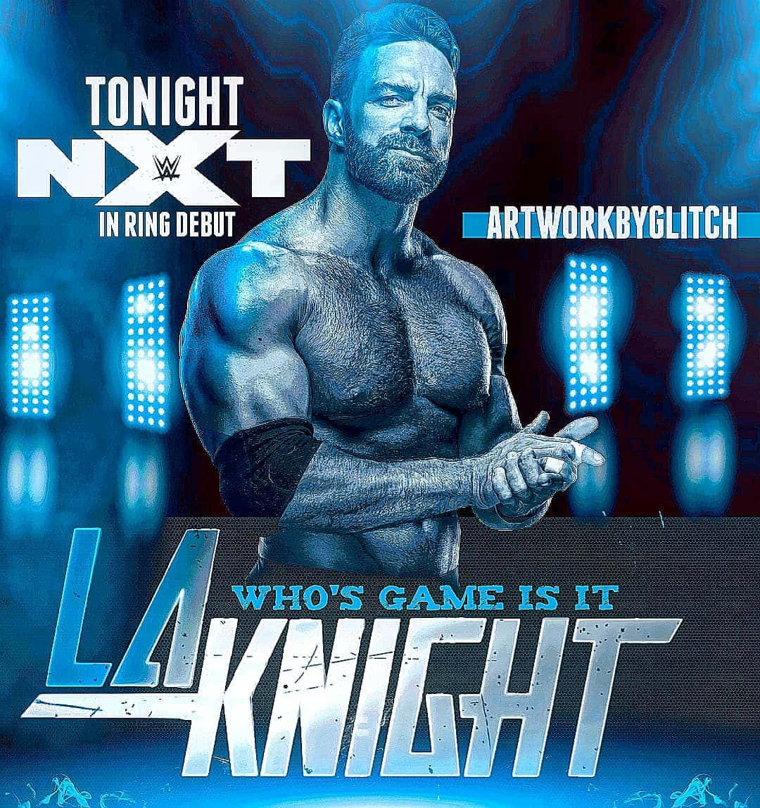 摔角手LA Knight在藍色燈光的競技場中，帶有「Tonight NXT」文字。