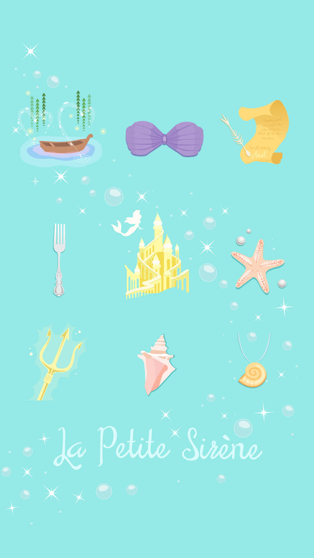 La Petite Sirene 小美人魚 壁紙 — 一系列以小美人魚為主題的奇幻圖標漂浮在閃閃發光的綠松石背景上。