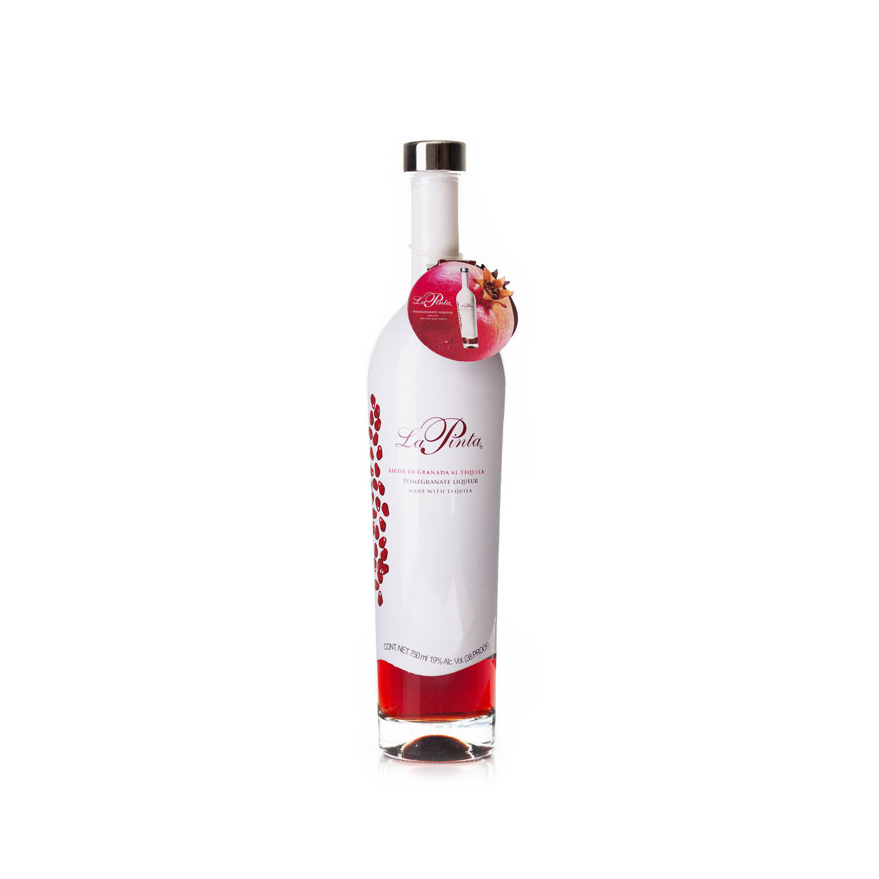 La Pinta石榴利口酒，白色背景 壁紙 — 一個時尚的白色La Pinta石榴利口酒瓶，帶有紅色點綴和石榴標籤，孤立在白色背景上。