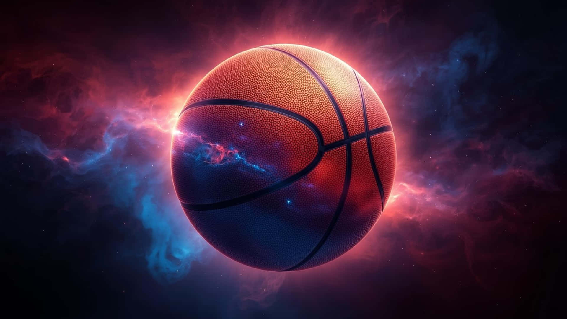  壁紙 — 一個籃球漂浮在充滿活力的宇宙星雲中，星雲以紅色和藍色色調在繁星點點的虛空中發光。