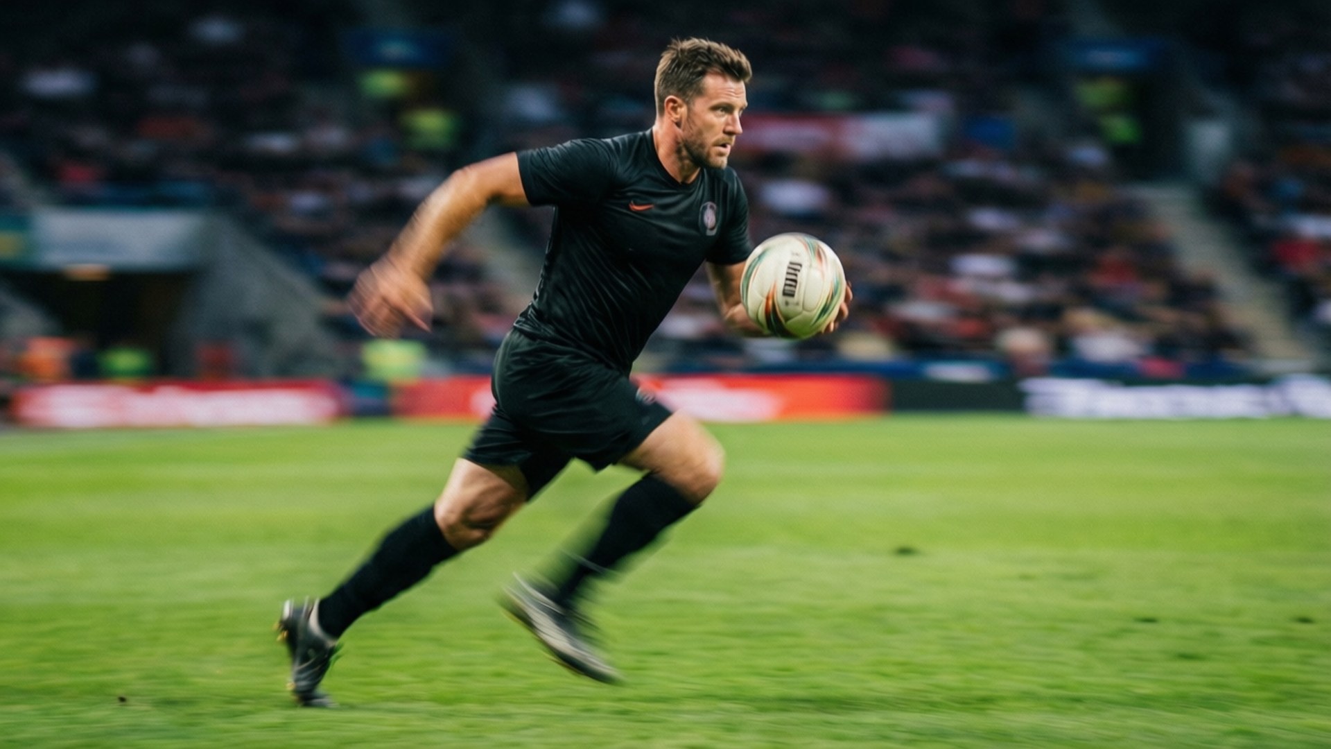 Running with the Ball 壁紙 — 一名身穿黑色球衣的欖球運動員在體育場燈光下的一場激烈比賽中，抱著球衝過充滿活力的綠色球場。