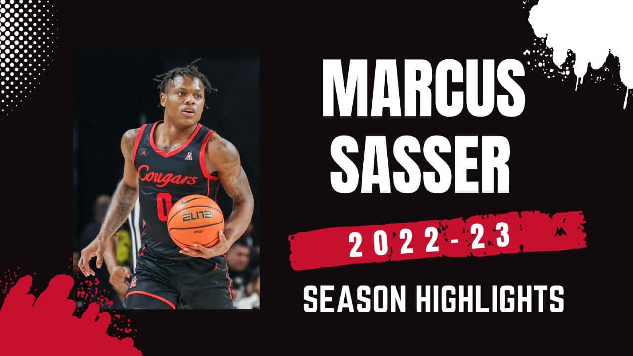 Marcus Sasser 桌布 壁紙 — 籃球運動員 Marcus Sasser 身穿黑色和紅色球衣，在 2022-23 賽季精彩圖表中運球橙色籃球。
