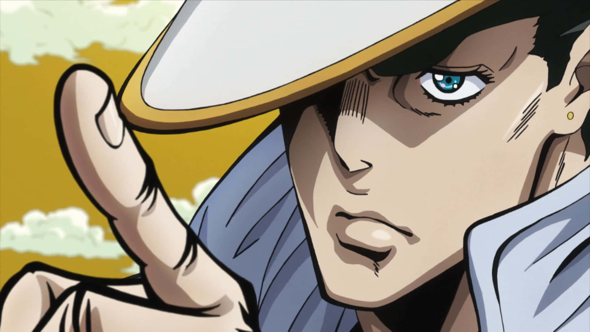 Jotaro Kujo 桌布 壁紙 — 藍眼白帽的動漫角色在金色天空下做出和平手勢。