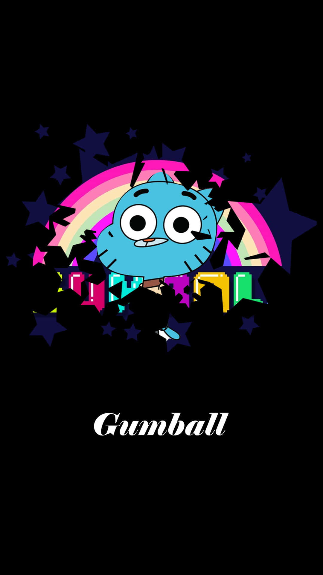 藍色卡通貓咪 Gumball 穿過彩虹和星星，下方有他的名字。