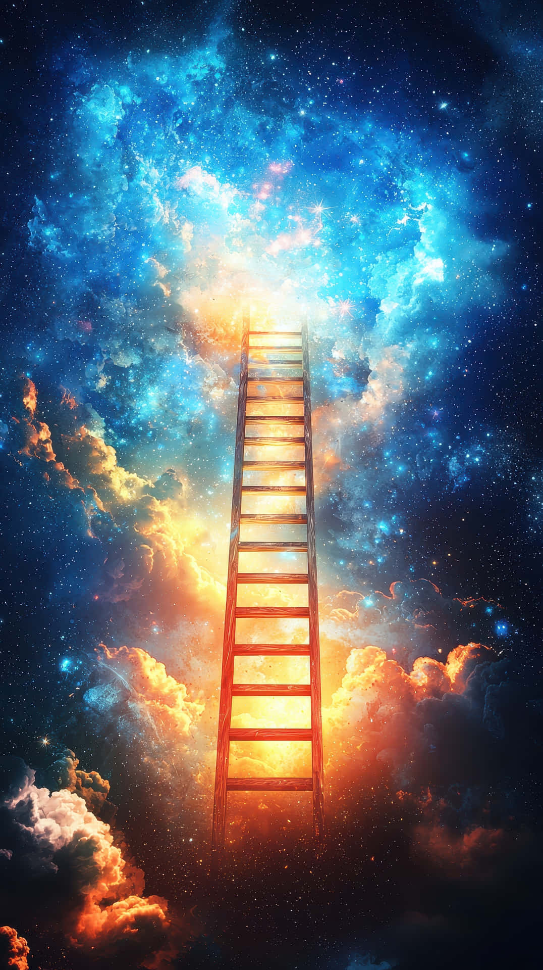 一把木梯穿過色彩繽紛的宇宙雲層，向著明亮的光線上升