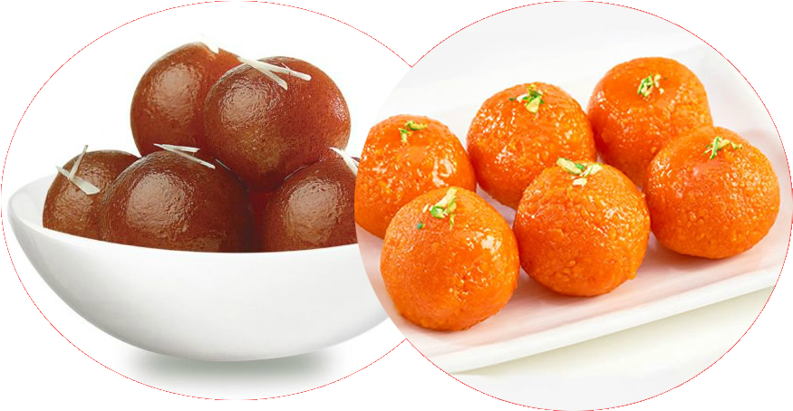 印度甜點：玫瑰糖與 ladoo 壁紙 — 兩個碗展示光澤的棕色和充滿活力的橙色圓形糖果，上面裝飾著綠色開心果，背景是 stark 黑色。