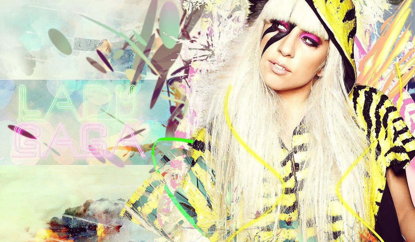Lady Gaga 桌布 壁紙 — Lady Gaga 身穿大膽的黃色老虎印花服裝，白髮和粉紅色眼妝，背景為故障抽象風格。