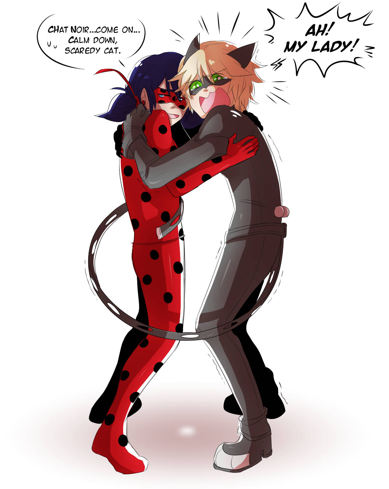 Ladybug 與 Cat Noir 一吻配對話氣泡 壁紙 — 兩個穿著貓咪主題服裝的動漫角色熱情擁抱，並帶有顯示俏皮對話的對話氣泡。