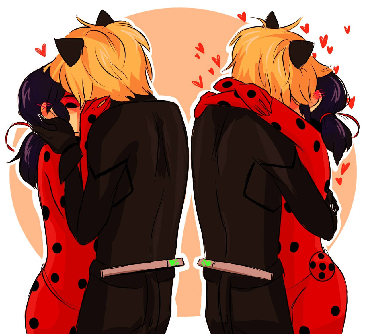 Ladybug與Cat Noir親吻鏡像藝術 壁紙 — 兩個穿著紅色圓點服裝的動漫角色在溫暖的桃色背景前從背後擁抱，周圍有漂浮的心形。