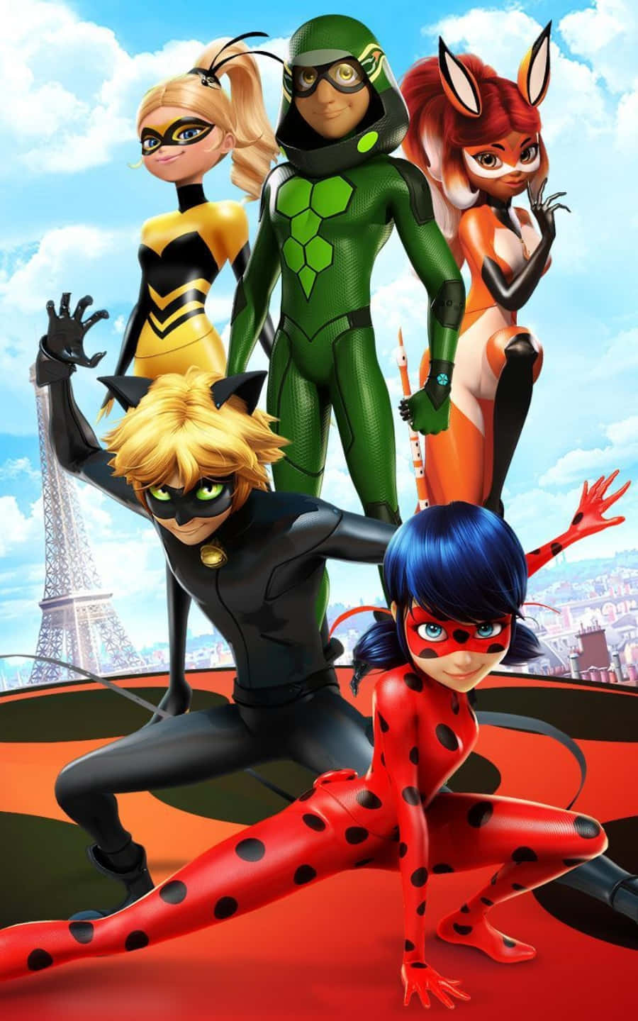 Ladybug與Chat Noir，巴黎的英雄 壁紙 — 五位動畫女超級英雄穿著色彩繽紛的服裝，在巴黎天際線與艾菲爾鐵塔前動感擺姿勢。