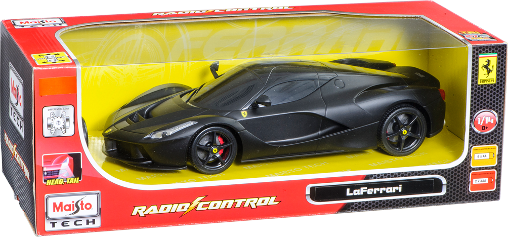 LaFerrari遙控車包裝 壁紙 — 一部時尚的黑色法拉利 LaFerrari 無線電控制模型車，展示在其紅色和黃色包裝中。