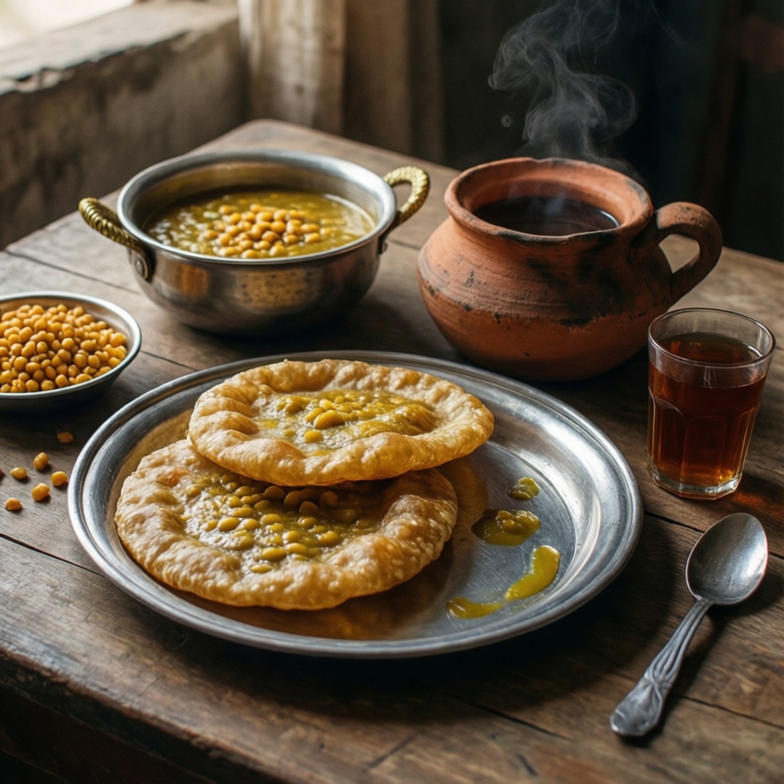 木桌上的熱鷹嘴豆咖喱、炸麵包和茶