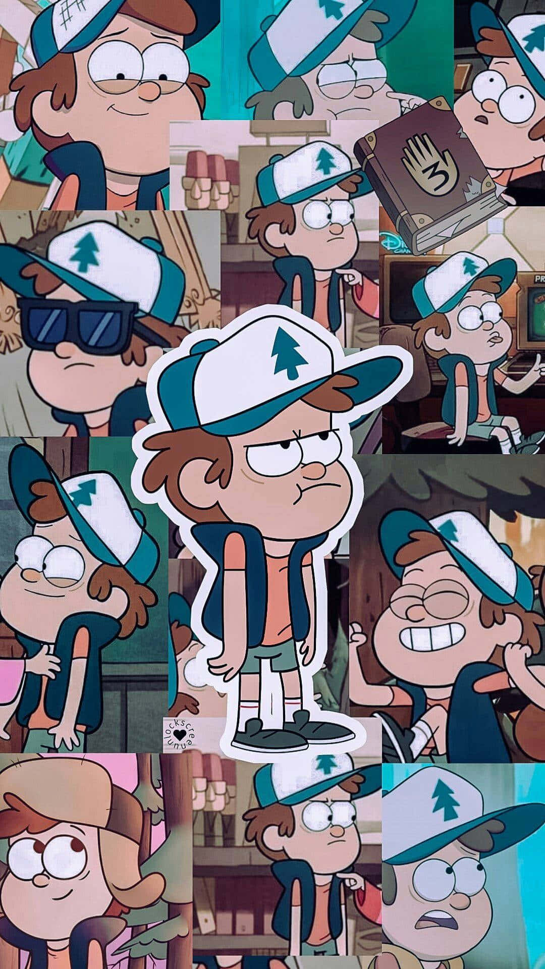  壁紙 — 來自《怪誕小鎮》的迪普·派恩斯（Dipper Pines）的充滿活力的拼貼畫，展示他戴著標誌性樹標誌帽子的各種表情姿勢。