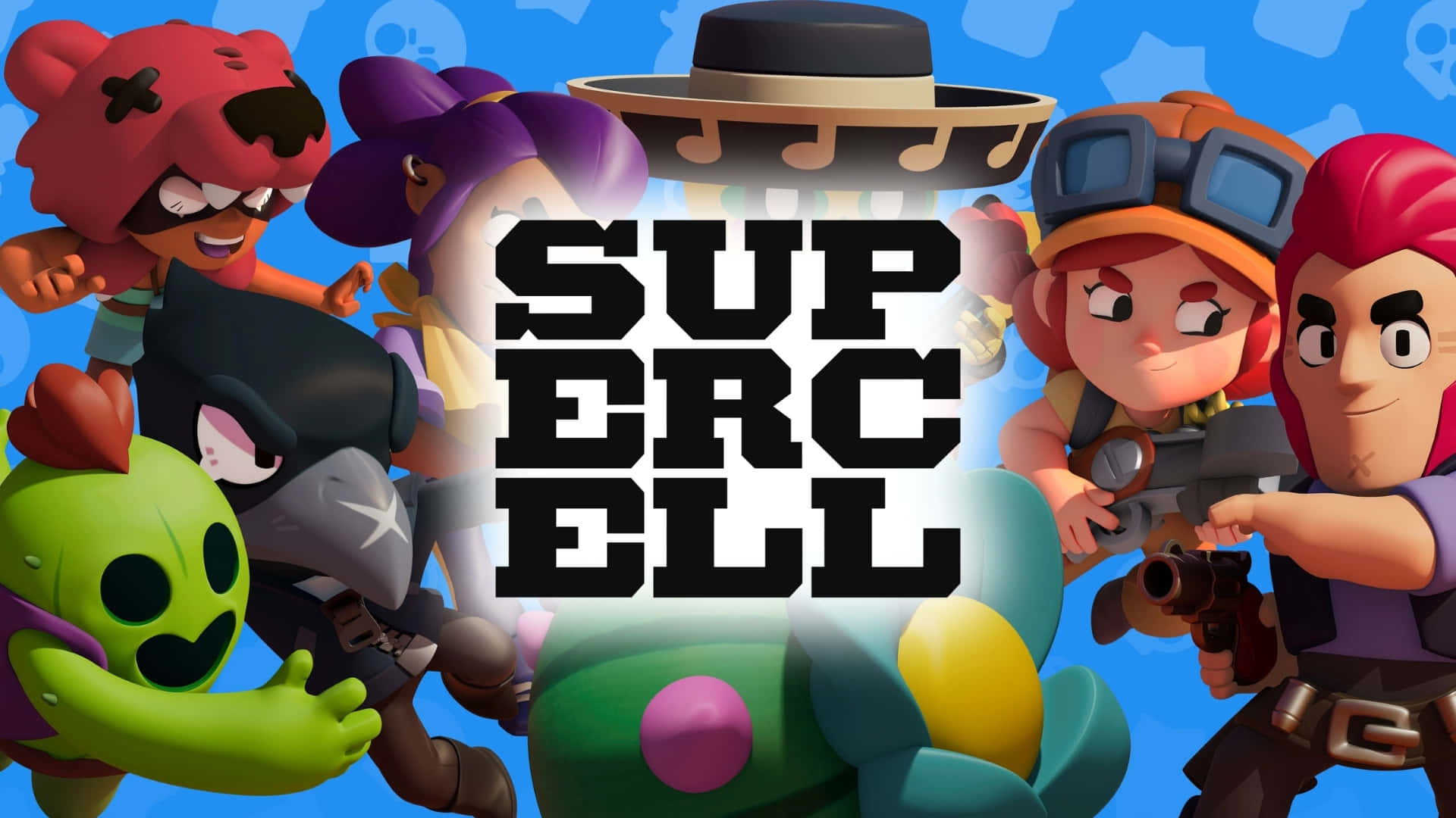  壁紙 — 來自Supercell遊戲的鮮豔卡通角色圍繞著大膽標誌，背景為明亮的藍色。